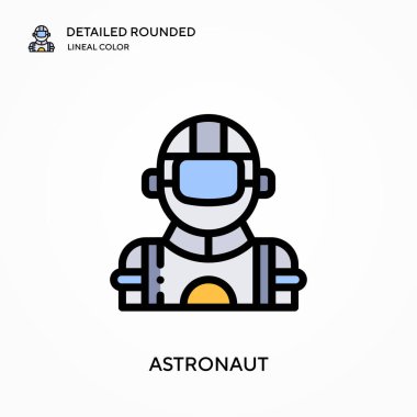 Astronot ayrıntılı yuvarlak doğrusal renk vektör ikonu. Web mobil UI ögesi için resimleme sembolü tasarım şablonu. Düzenlenebilir vuruşlarda mükemmel renk modern piktogram. İş projeniz için astronot simgeleri