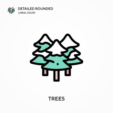 Ağaçlar ayrıntılı yuvarlak doğrusal renk vektör ikonu. Web mobil UI ögesi için resimleme sembolü tasarım şablonu. Düzenlenebilir vuruşlarda mükemmel renk modern piktogram. İş projeniz için ağaç simgeleri