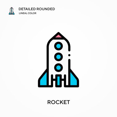 Roket detaylı yuvarlak doğrusal renk vektör ikonu. Web mobil UI ögesi için resimleme sembolü tasarım şablonu. Düzenlenebilir vuruşlarda mükemmel renk modern piktogram. İş projeniz için roket simgeleri