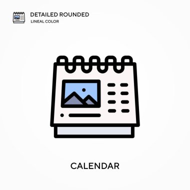 Takvim ayrıntılı yuvarlak doğrusal renk vektörü simgesi. Web mobil UI ögesi için resimleme sembolü tasarım şablonu. Düzenlenebilir vuruşlarda mükemmel renk modern piktogram. İş projeniz için takvim simgeleri
