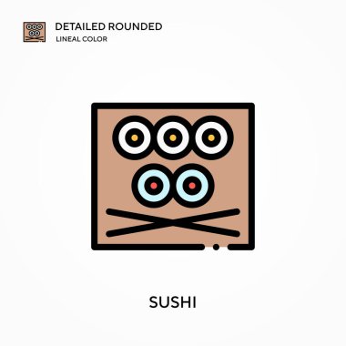 Suşi ayrıntılı yuvarlak doğrusal renk vektör ikonu. Web mobil UI ögesi için resimleme sembolü tasarım şablonu. Düzenlenebilir vuruşlarda mükemmel renk modern piktogram. İş projeniz için suşi simgeleri