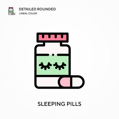 Uyku hapları yuvarlak doğrusal renk vektör simgesini detaylı olarak açıklar. Web mobil UI ögesi için resimleme sembolü tasarım şablonu. Düzenlenebilir vuruşlarda mükemmel renk modern piktogram. İş projeniz için uyku hapı simgeleri