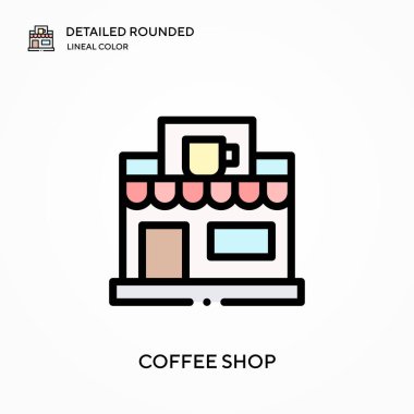 Kahve dükkanı yuvarlak lineal renk vektör ikonunun detaylarını anlattı. Web mobil UI ögesi için resimleme sembolü tasarım şablonu. Düzenlenebilir vuruşlarda mükemmel renk modern piktogram. İş projeniz için kahve dükkanı simgeleri