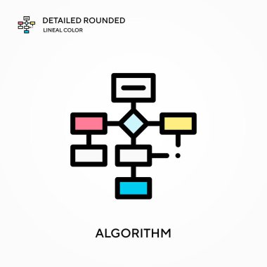 Algoritma ayrıntılı yuvarlak doğrusal renk vektör simgesi. Web mobil UI ögesi için resimleme sembolü tasarım şablonu. Düzenlenebilir vuruşlarda mükemmel renk modern piktogram. İş projeniz için algoritma simgeleri