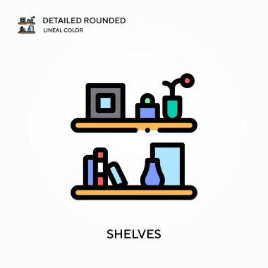 Raflar ayrıntılı yuvarlak doğrusal renk vektör simgesi. Web mobil UI ögesi için resimleme sembolü tasarım şablonu. Düzenlenebilir vuruşlarda mükemmel renk modern piktogram. İş projeniz için raf simgeleri