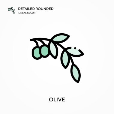Zeytinyağı ayrıntılı yuvarlak doğrusal renk vektör simgesi. Web mobil UI ögesi için resimleme sembolü tasarım şablonu. Düzenlenebilir vuruşlarda mükemmel renk modern piktogram. İş projeniz için zeytin simgeleri