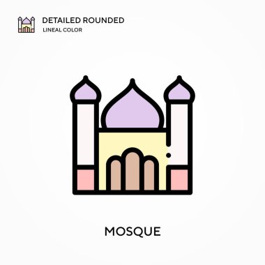 Cami, yuvarlak lineal renk vektör simgesini detaylı şekilde açıklamış. Web mobil UI ögesi için resimleme sembolü tasarım şablonu. Düzenlenebilir vuruşlarda mükemmel renk modern piktogram. İş projeniz için cami simgeleri