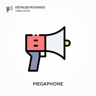 Megafon ayrıntılı yuvarlak doğrusal renk vektör ikonu. Web mobil UI ögesi için resimleme sembolü tasarım şablonu. Düzenlenebilir vuruşlarda mükemmel renk modern piktogram. İş projeniz için megafon simgeleri