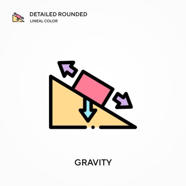 Yerçekimi detaylı yuvarlak doğrusal renk vektörü ikonu. Web mobil UI ögesi için resimleme sembolü tasarım şablonu. Düzenlenebilir vuruşlarda mükemmel renk modern piktogram. İş projeniz için yerçekimi simgeleri