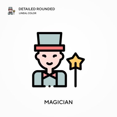 Sihirbaz yuvarlak doğrusal renk vektör simgesini detaylı olarak açıkladı. Web mobil UI ögesi için resimleme sembolü tasarım şablonu. Düzenlenebilir vuruşlarda mükemmel renk modern piktogram. İş projeniz için sihirbaz simgeleri