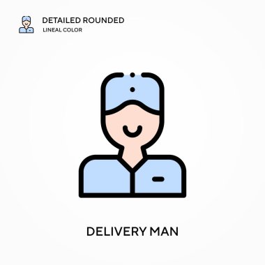 Teslimatçı ayrıntılı yuvarlak doğrusal renk vektör ikonu. Web mobil UI ögesi için resimleme sembolü tasarım şablonu. Düzenlenebilir vuruşlarda mükemmel renk modern piktogram. İş projeniz için teslimatçı simgeleri