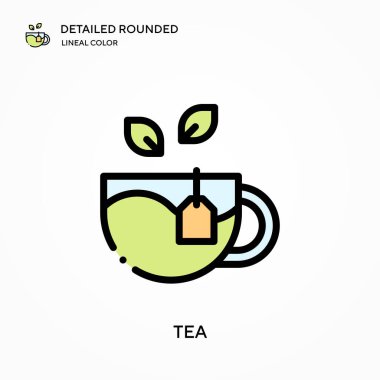 Çay detaylı yuvarlak doğrusal renk vektörü ikonu. Web mobil UI ögesi için resimleme sembolü tasarım şablonu. Düzenlenebilir vuruşlarda mükemmel renk modern piktogram. İş projeniz için çay simgeleri