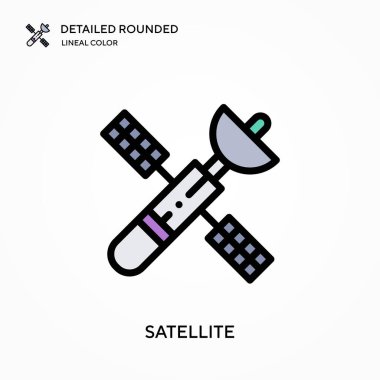 Uydu detaylı yuvarlak doğrusal renk vektör simgesi. Web mobil UI ögesi için resimleme sembolü tasarım şablonu. Düzenlenebilir vuruşlarda mükemmel renk modern piktogram. İş projeniz için uydu simgeleri