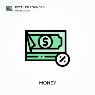 Para ayrıntılı yuvarlak doğrusal renk vektör simgesi. Web mobil UI ögesi için resimleme sembolü tasarım şablonu. Düzenlenebilir vuruşlarda mükemmel renk modern piktogram. İş projeniz için para simgeleri