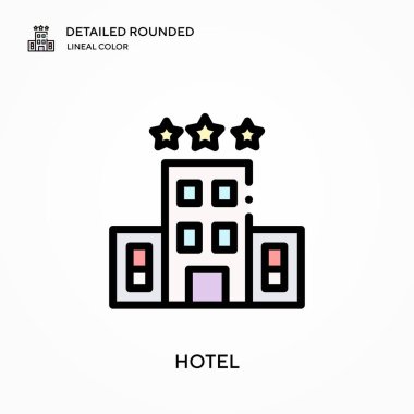 Otel ayrıntılı yuvarlak doğrusal renk vektör simgesi. Web mobil UI ögesi için resimleme sembolü tasarım şablonu. Düzenlenebilir vuruşlarda mükemmel renk modern piktogram. İş projeniz için otel simgeleri