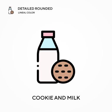 Kurabiye ve süt ayrıntılı yuvarlak doğrusal renk vektör ikonu. Web mobil UI ögesi için resimleme sembolü tasarım şablonu. Düzenlenebilir vuruşlarda mükemmel renk modern piktogram. İş projeniz için kurabiye ve süt simgeleri
