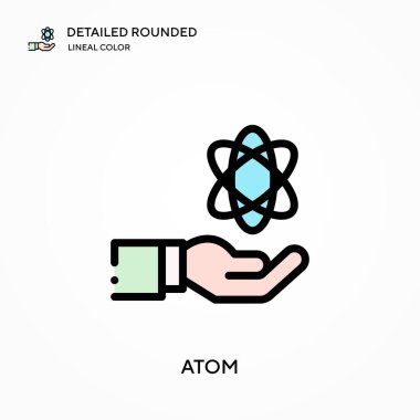 Atom detaylı yuvarlak doğrusal renk vektör simgesi. Web mobil UI ögesi için resimleme sembolü tasarım şablonu. Düzenlenebilir vuruşlarda mükemmel renk modern piktogram. İş projeniz için atom simgeleri