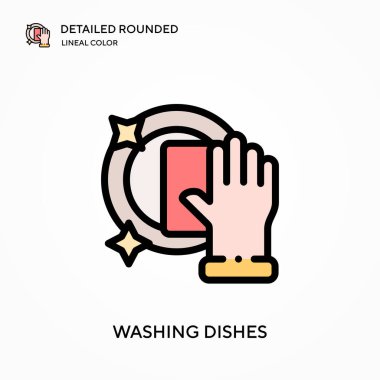 Bulaşık yıkama ayrıntılı yuvarlak doğrusal renk vektör ikonu. Web mobil UI ögesi için resimleme sembolü tasarım şablonu. Düzenlenebilir vuruşlarda mükemmel renk modern piktogram. İş projeniz için bulaşık simgeleri yıkıyorsunuz