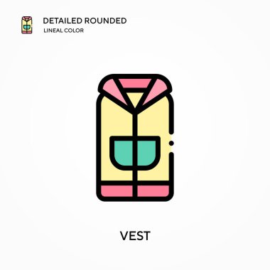 Yelek detaylı yuvarlak doğrusal renk vektör simgesi. Web mobil UI ögesi için resimleme sembolü tasarım şablonu. Düzenlenebilir vuruşlarda mükemmel renk modern piktogram. İş projeniz için yelek simgeleri