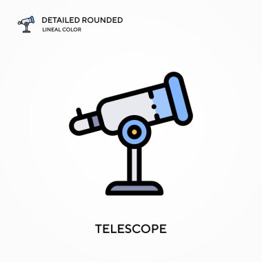 Teleskop detaylı yuvarlak doğrusal renk vektör simgesi. Web mobil UI ögesi için resimleme sembolü tasarım şablonu. Düzenlenebilir vuruşlarda mükemmel renk modern piktogram. İş projeniz için teleskop simgeleri