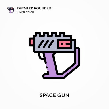 Uzay silahı yuvarlak doğrusal renk vektör simgesini detaylı olarak açıkladı. Web mobil UI ögesi için resimleme sembolü tasarım şablonu. Düzenlenebilir vuruşlarda mükemmel renk modern piktogram. İş projeniz için uzay silahı simgeleri