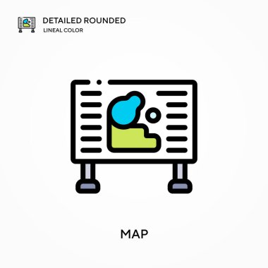 Ayrıntılı yuvarlak doğrusal renk vektör simgesi haritası. Web mobil UI ögesi için resimleme sembolü tasarım şablonu. Düzenlenebilir vuruşlarda mükemmel renk modern piktogram. İş projeniz için harita simgeleri