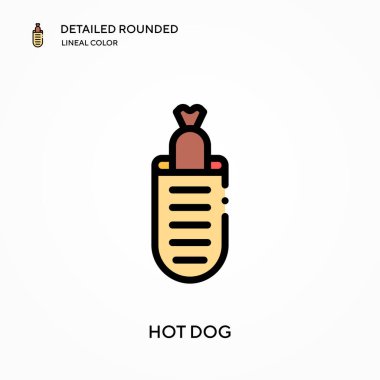 Sosisli sandviç yuvarlak doğrusal renk vektör simgesini detaylı olarak açıklıyor. Web mobil UI ögesi için resimleme sembolü tasarım şablonu. Düzenlenebilir vuruşlarda mükemmel renk modern piktogram. İş projeniz için hot dog simgeleri