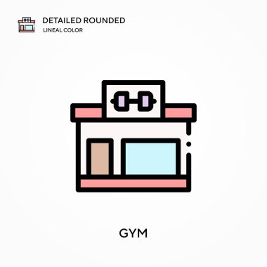 Spor salonu ayrıntılı yuvarlak doğrusal renk vektör simgesi. Web mobil UI ögesi için resimleme sembolü tasarım şablonu. Düzenlenebilir vuruşlarda mükemmel renk modern piktogram. İş projeniz için jimnastik simgeleri