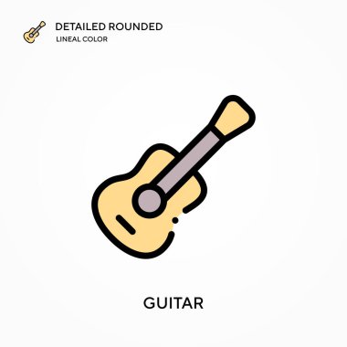 Gitar detaylı yuvarlak doğrusal renk vektörü ikonu. Web mobil UI ögesi için resimleme sembolü tasarım şablonu. Düzenlenebilir vuruşlarda mükemmel renk modern piktogram. İş projeniz için gitar simgeleri