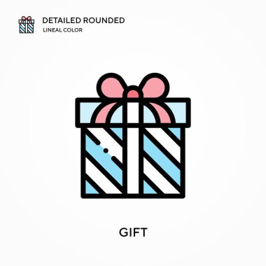 Hediye ayrıntılı yuvarlak doğrusal renk vektör simgesi. Web mobil UI ögesi için resimleme sembolü tasarım şablonu. Düzenlenebilir vuruşlarda mükemmel renk modern piktogram. İş projeniz için hediye simgeleri