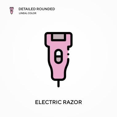 Elektrikli ustura detaylı yuvarlak doğrusal renk vektör ikonu. Web mobil UI ögesi için resimleme sembolü tasarım şablonu. Düzenlenebilir vuruşlarda mükemmel renk modern piktogram. İş projeniz için elektrikli jilet simgeleri