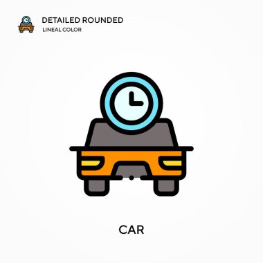 Araba detaylı yuvarlak doğrusal renk vektör ikonu. Web mobil UI ögesi için resimleme sembolü tasarım şablonu. Düzenlenebilir vuruşlarda mükemmel renk modern piktogram. İş projeniz için araç simgeleri