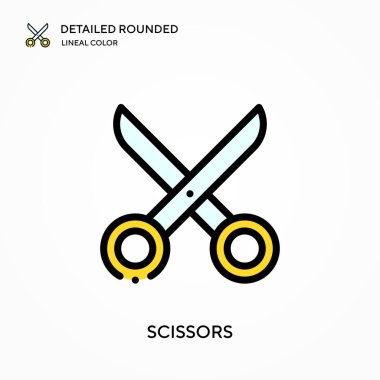 Makas detaylı yuvarlak doğrusal renk vektör simgesi. Web mobil UI ögesi için resimleme sembolü tasarım şablonu. Düzenlenebilir vuruşlarda mükemmel renk modern piktogram. İş projeniz için makas simgeleri