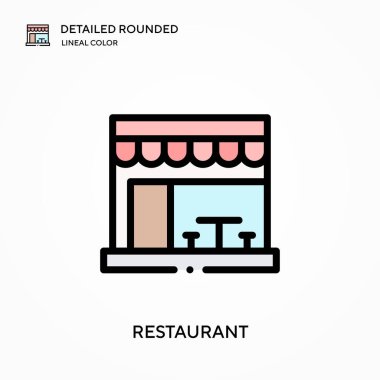 Restoran ayrıntılı yuvarlak doğrusal renk vektörü ikonu. Web mobil UI ögesi için resimleme sembolü tasarım şablonu. Düzenlenebilir vuruşlarda mükemmel renk modern piktogram. İş projeniz için restoran simgeleri