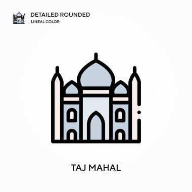 Taj Mahal yuvarlak lineal renk vektör simgesini detaylı olarak açıkladı. Web mobil UI ögesi için resimleme sembolü tasarım şablonu. Düzenlenebilir vuruşlarda mükemmel renk modern piktogram. İş projeniz için Taj Mahal simgeleri