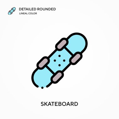 Kaykay ayrıntılı yuvarlak doğrusal renk vektör simgesi. Web mobil UI ögesi için resimleme sembolü tasarım şablonu. Düzenlenebilir vuruşlarda mükemmel renk modern piktogram. İş projeniz için kaykay simgeleri