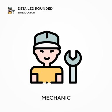 Tamirci ayrıntılı yuvarlak doğrusal renk vektör ikonu. Web mobil UI ögesi için resimleme sembolü tasarım şablonu. Düzenlenebilir vuruşlarda mükemmel renk modern piktogram. İş projeniz için mekanik simgeler