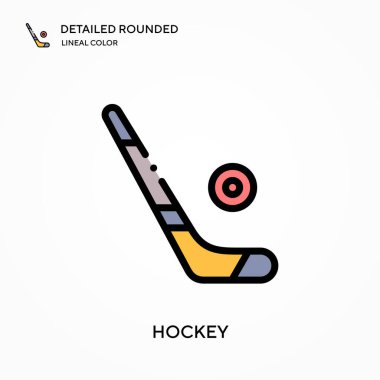 Hokey detaylı yuvarlak doğrusal renk vektör simgesi. Web mobil UI ögesi için resimleme sembolü tasarım şablonu. Düzenlenebilir vuruşlarda mükemmel renk modern piktogram. İş projeniz için hokey simgeleri
