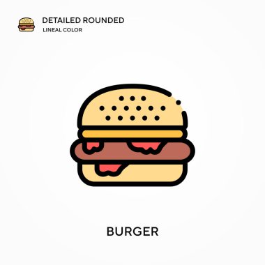 Hamburger ayrıntılı yuvarlak doğrusal renk vektör ikonu. Web mobil UI ögesi için resimleme sembolü tasarım şablonu. Düzenlenebilir vuruşlarda mükemmel renk modern piktogram. İş projeniz için burger simgeleri