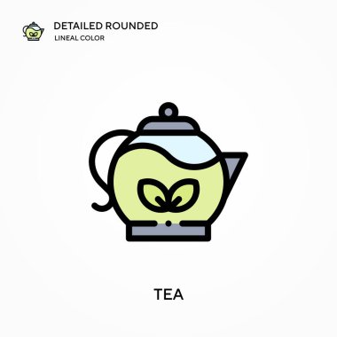 Çay detaylı yuvarlak doğrusal renk vektörü ikonu. Web mobil UI ögesi için resimleme sembolü tasarım şablonu. Düzenlenebilir vuruşlarda mükemmel renk modern piktogram. İş projeniz için çay simgeleri