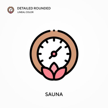 Sauna ayrıntılı yuvarlak doğrusal renk vektör simgesi. Web mobil UI ögesi için resimleme sembolü tasarım şablonu. Düzenlenebilir vuruşlarda mükemmel renk modern piktogram. İş projeniz için sauna simgeleri