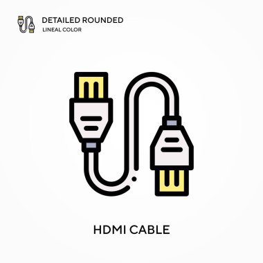 Hdmi kablosu yuvarlak doğrusal renk vektörü simgesini detaylı olarak açıkladı. Web mobil UI ögesi için resimleme sembolü tasarım şablonu. Düzenlenebilir vuruşlarda mükemmel renk modern piktogram. İş projeniz için Hdmi kablo simgeleri
