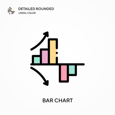 Çubuk çizelgesi yuvarlak doğrusal renk vektörü simgesini detaylı olarak açıkladı. Web mobil UI ögesi için resimleme sembolü tasarım şablonu. Düzenlenebilir vuruşlarda mükemmel renk modern piktogram. İş projeniz için bar çizelgesi simgeleri
