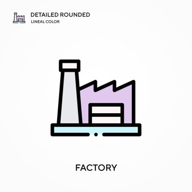 Fabrika detaylı yuvarlak doğrusal renk vektör ikonu. Web mobil UI ögesi için resimleme sembolü tasarım şablonu. Düzenlenebilir vuruşlarda mükemmel renk modern piktogram. İş projeniz için fabrika simgeleri
