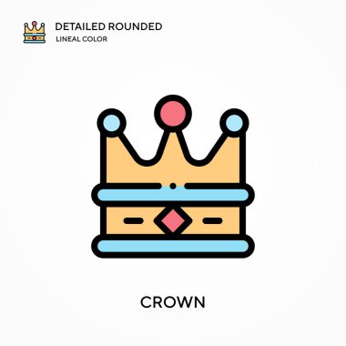 Taç detaylı yuvarlak doğrusal renk vektör ikonu. Web mobil UI ögesi için resimleme sembolü tasarım şablonu. Düzenlenebilir vuruşlarda mükemmel renk modern piktogram. İş projeniz için taç simgeleri