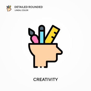 Yaratıcılık ayrıntılı yuvarlak doğrusal renk vektör simgesi. Web mobil UI ögesi için resimleme sembolü tasarım şablonu. Düzenlenebilir vuruşlarda mükemmel renk modern piktogram. İş projeniz için yaratıcılık simgeleri