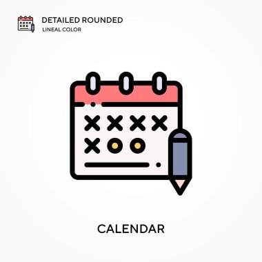 Takvim ayrıntılı yuvarlak doğrusal renk vektörü simgesi. Web mobil UI ögesi için resimleme sembolü tasarım şablonu. Düzenlenebilir vuruşlarda mükemmel renk modern piktogram. İş projeniz için takvim simgeleri
