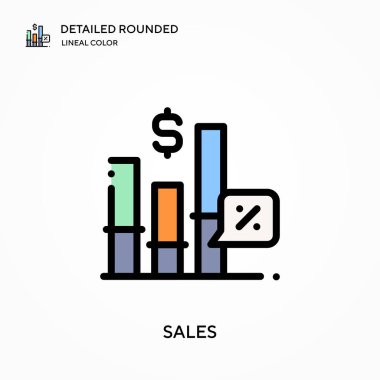 Satışlar ayrıntılı yuvarlak doğrusal renk vektör ikonu. Web mobil UI ögesi için resimleme sembolü tasarım şablonu. Düzenlenebilir vuruşlarda mükemmel renk modern piktogram. İş projeniz için satış simgeleri