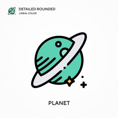 Gezegen detaylı yuvarlak doğrusal renk vektör simgesi. Web mobil UI ögesi için resimleme sembolü tasarım şablonu. Düzenlenebilir vuruşlarda mükemmel renk modern piktogram. İş projeniz için gezegen simgeleri
