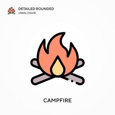 Kamp ateşi ayrıntılı yuvarlak doğrusal renk vektör ikonu. Web mobil UI ögesi için resimleme sembolü tasarım şablonu. Düzenlenebilir vuruşlarda mükemmel renk modern piktogram. İş projeniz için kamp ateşi simgeleri